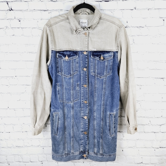 GUESS | Jessie two-tone denim long button up jean trucker jacket - Picture 1 of 10